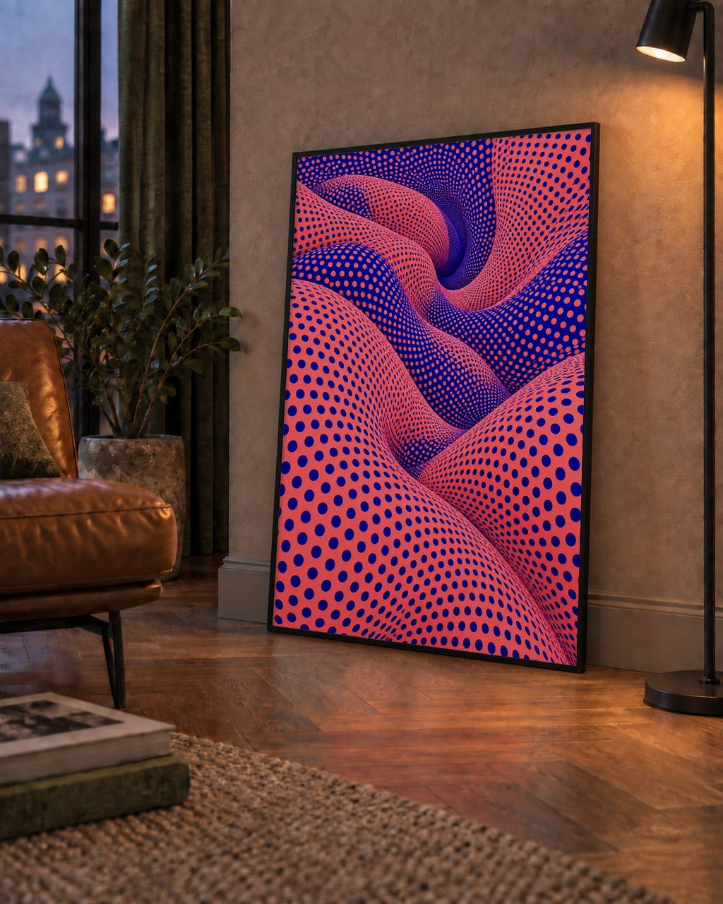 Optik İllüzyon Dalgalı Nokta Desenli Modern Poster — çerçeveli hâliyle bir ev duvarında