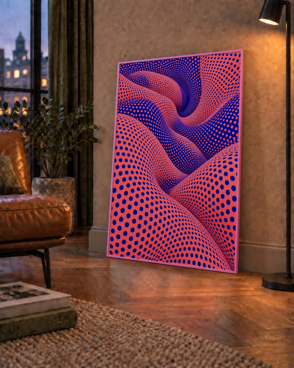 Optik İllüzyon Dalgalı Nokta Desenli Modern Poster — çerçeveli hâliyle bir ev duvarında
