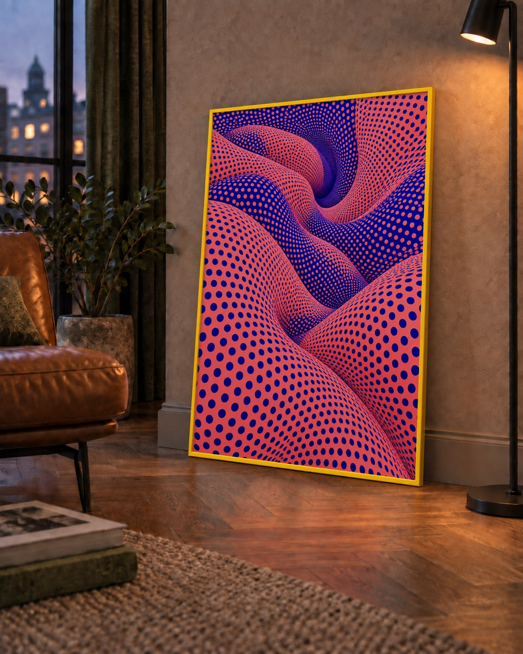 Optik İllüzyon Dalgalı Nokta Desenli Modern Poster — çerçeveli hâliyle bir ev duvarında