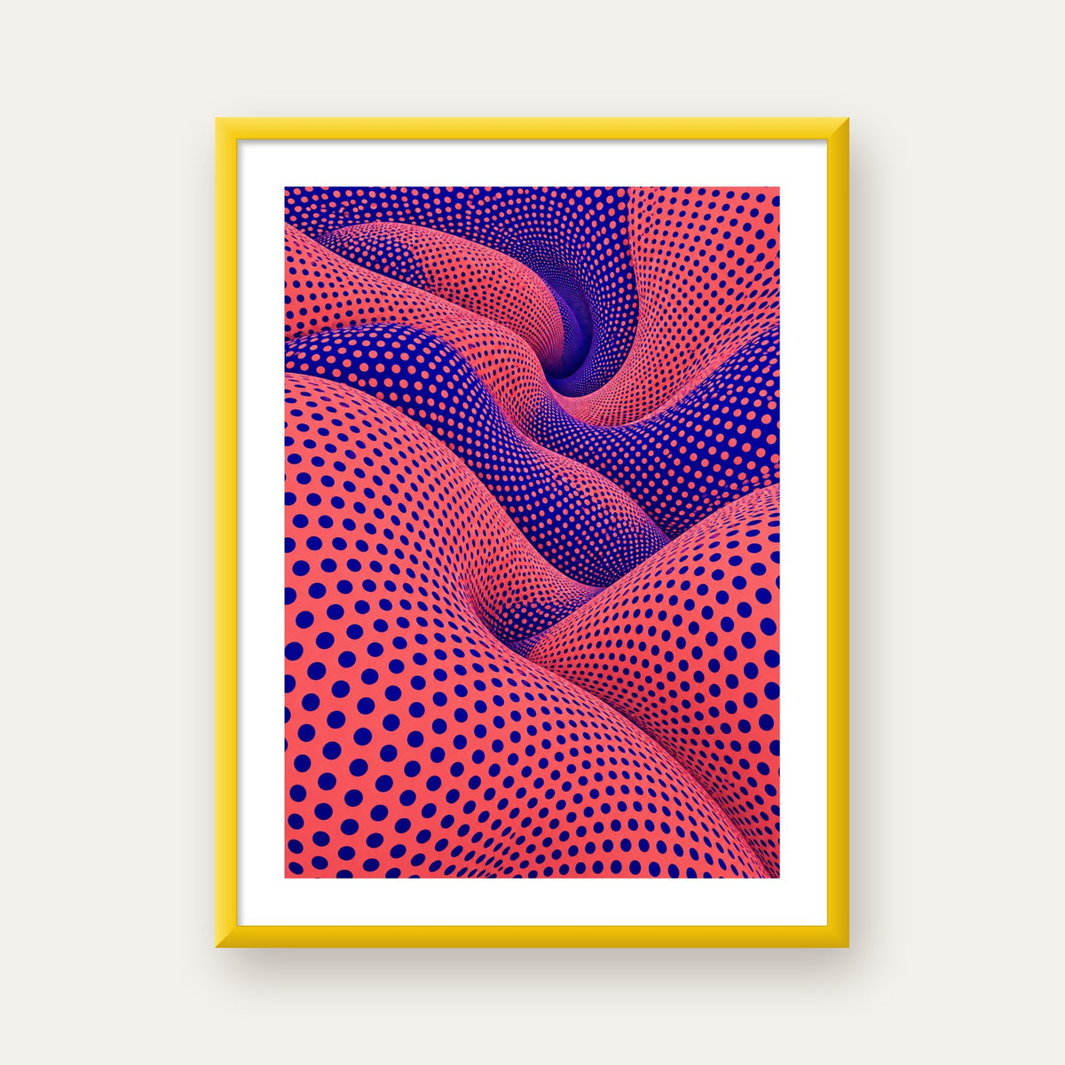 Optik İllüzyon Dalgalı Nokta Desenli Modern Poster — sarı çerçeveli paspartulu