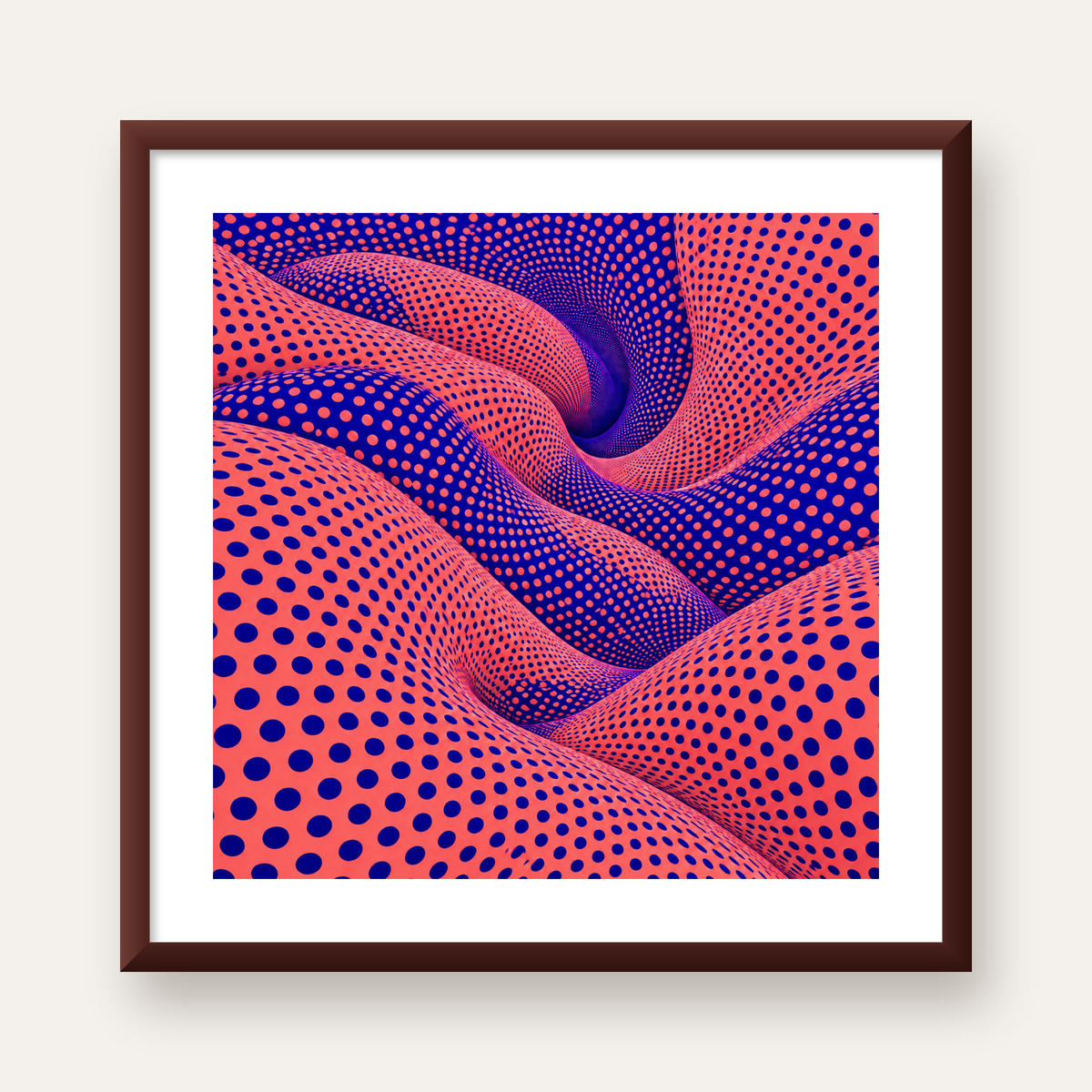 Optik İllüzyon Dalgalı Nokta Desenli Modern Poster — ceviz çerçeveli paspartulu