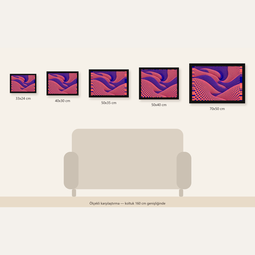 Optik İllüzyon Dalgalı Nokta Desenli Modern Poster — Yatay ölçülerinin karşılaştırması
