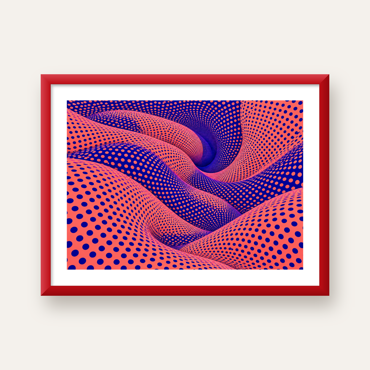 Optik İllüzyon Dalgalı Nokta Desenli Modern Poster — kırmızı çerçeveli paspartulu