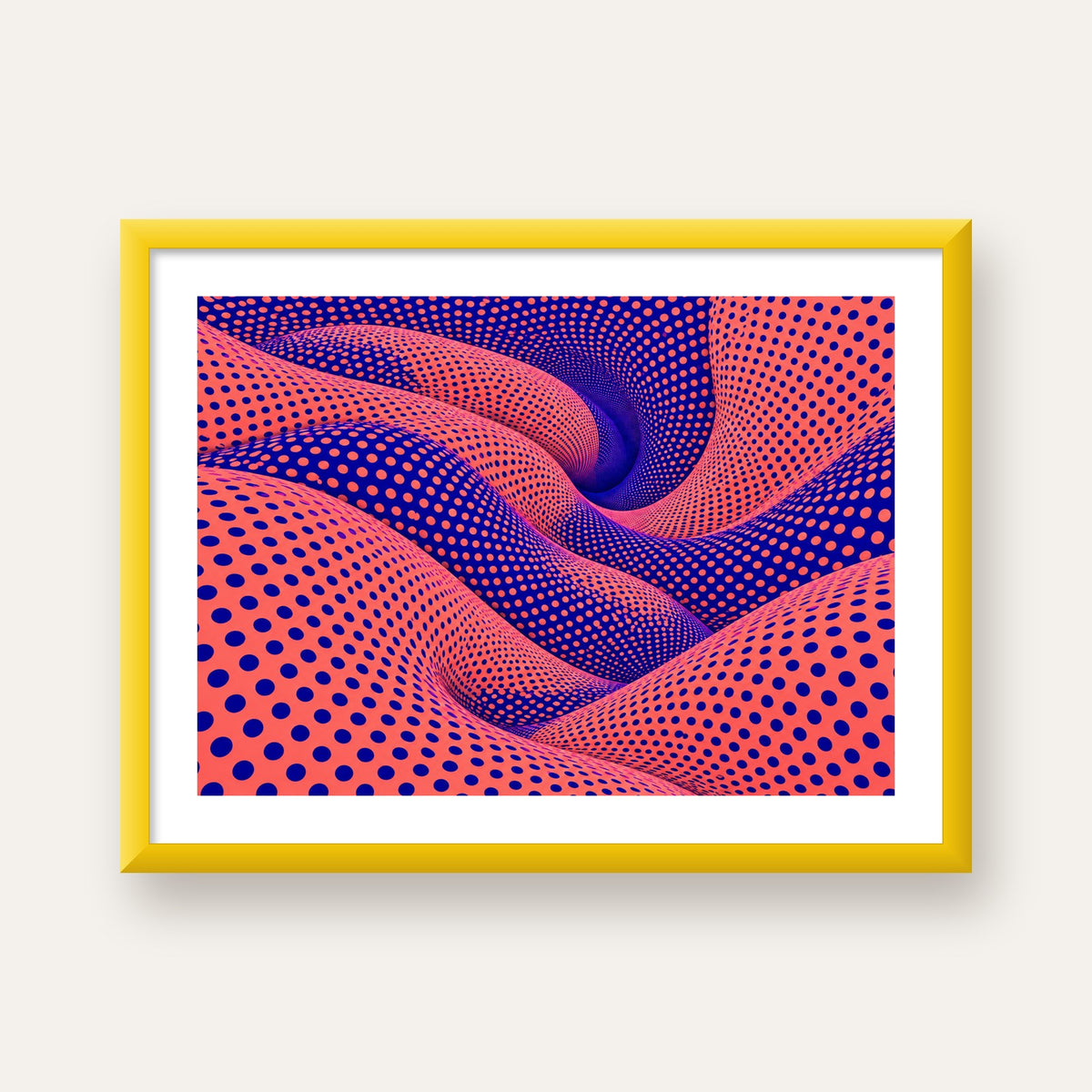 Optik İllüzyon Dalgalı Nokta Desenli Modern Poster — sarı çerçeveli paspartulu