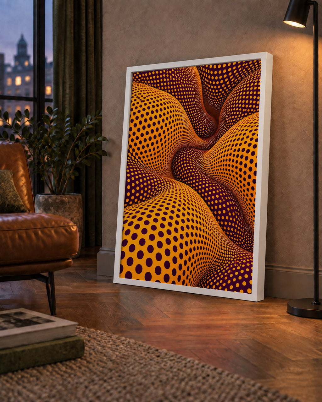 Mor ve Sarı Dalgalı Puantiye Optik İllüzyon Poster — çerçeveli hâliyle bir ev duvarında