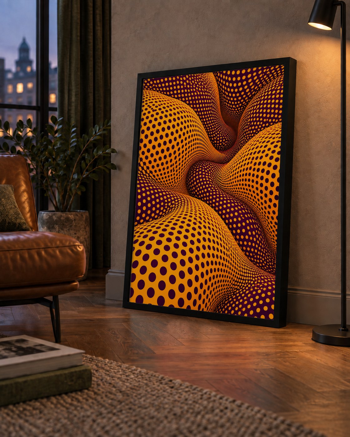 Mor ve Sarı Dalgalı Puantiye Optik İllüzyon Poster — çerçeveli hâliyle bir ev duvarında