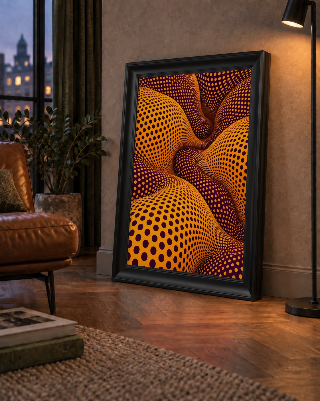 Mor ve Sarı Dalgalı Puantiye Optik İllüzyon Poster — çerçeveli hâliyle bir ev duvarında