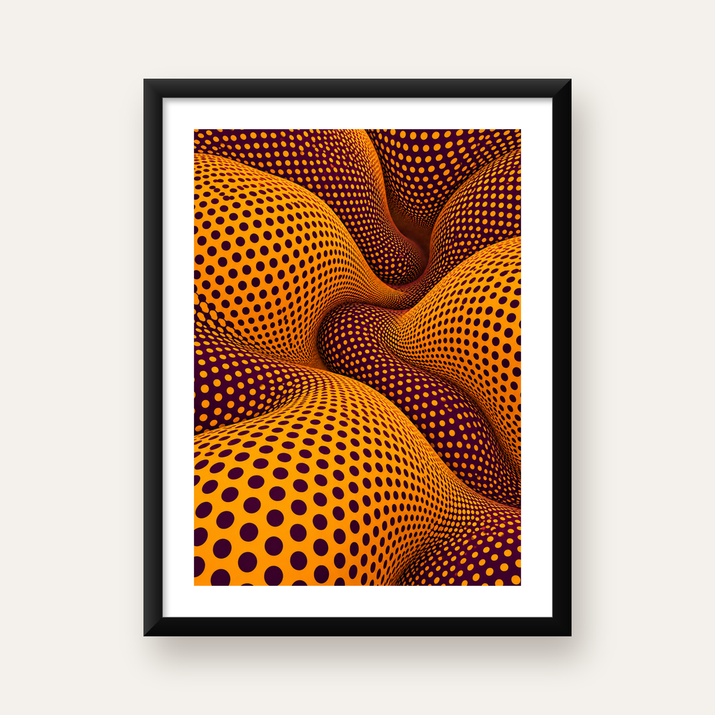 Mor ve Sarı Dalgalı Puantiye Optik İllüzyon Poster — Dikey baskı, beyaz paspartulu
