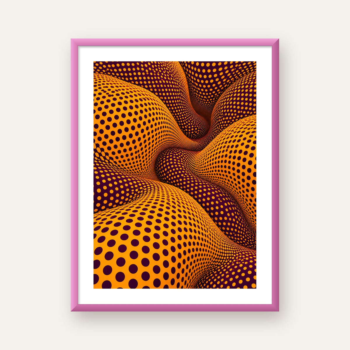 Mor ve Sarı Dalgalı Puantiye Optik İllüzyon Poster — pembe çerçeveli paspartulu