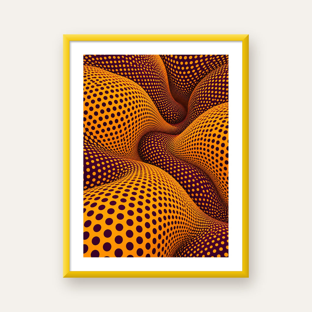Mor ve Sarı Dalgalı Puantiye Optik İllüzyon Poster — sarı çerçeveli paspartulu