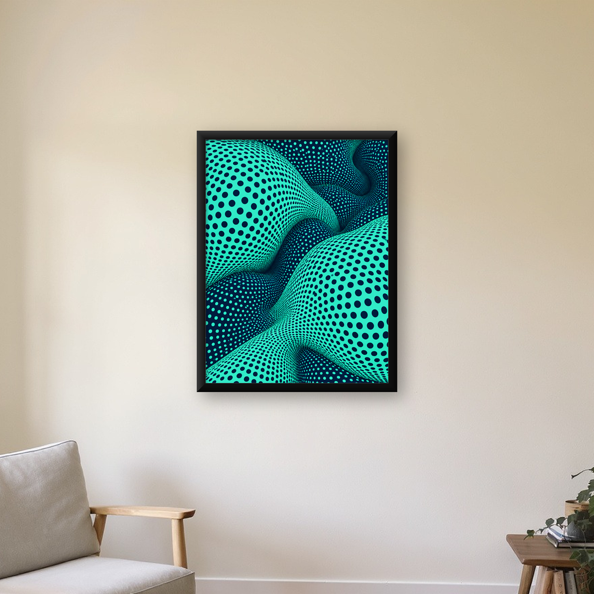 Soyut Dalgalı Nokta Deseni Dijital Sanat Poster — Dikey baskı, çerçeveli hâliyle bir ev duvarında