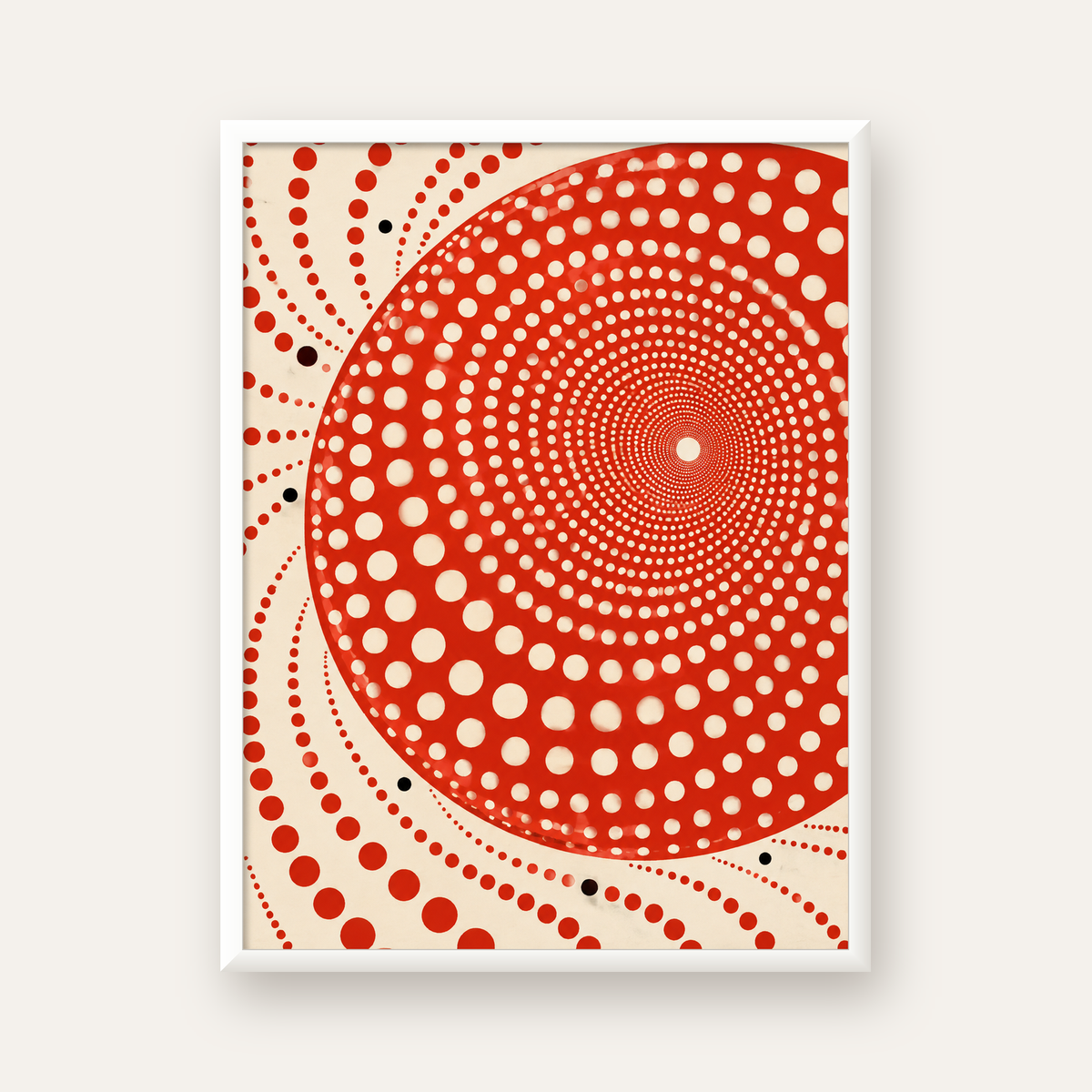 Kırmızı Nokta Desenli Soyut Spiral Poster – Modern Duvar Sanatı — beyaz çerçeveli dikey poster
