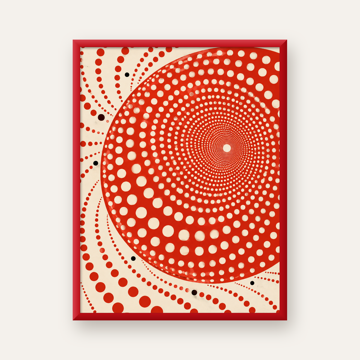 Kırmızı Nokta Desenli Soyut Spiral Poster – Modern Duvar Sanatı — kırmızı çerçeveli