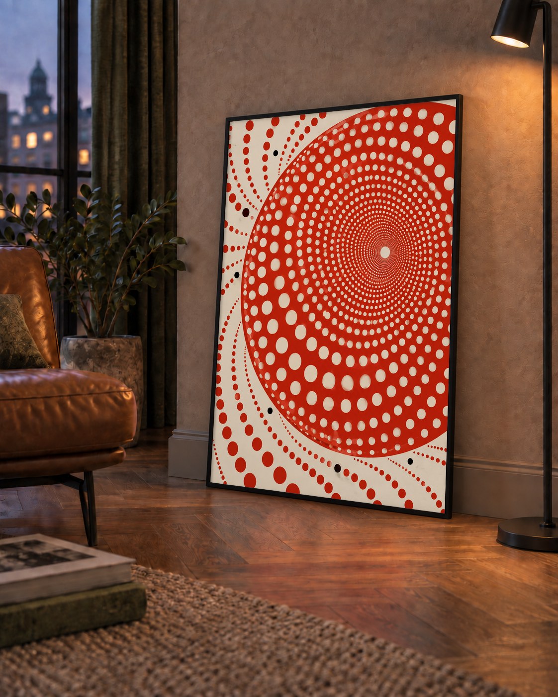 Kırmızı Nokta Desenli Soyut Spiral Poster – Modern Duvar Sanatı — çerçeveli hâliyle bir ev duvarında