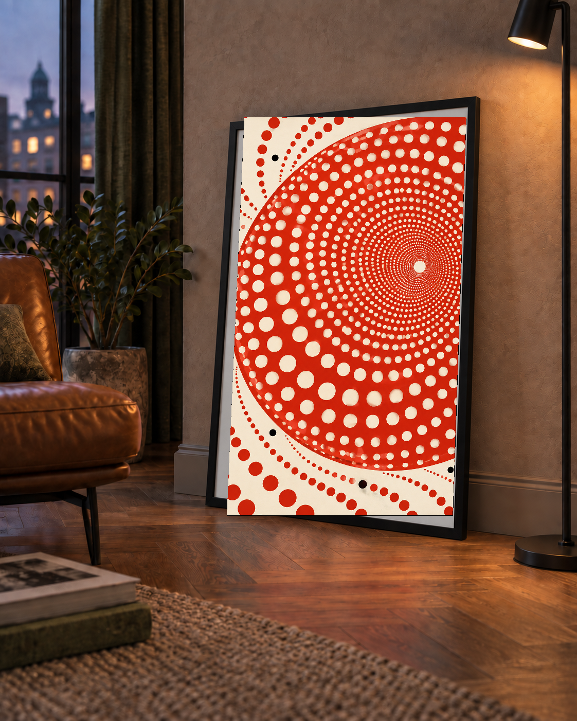 Kırmızı Nokta Desenli Soyut Spiral Poster – Modern Duvar Sanatı