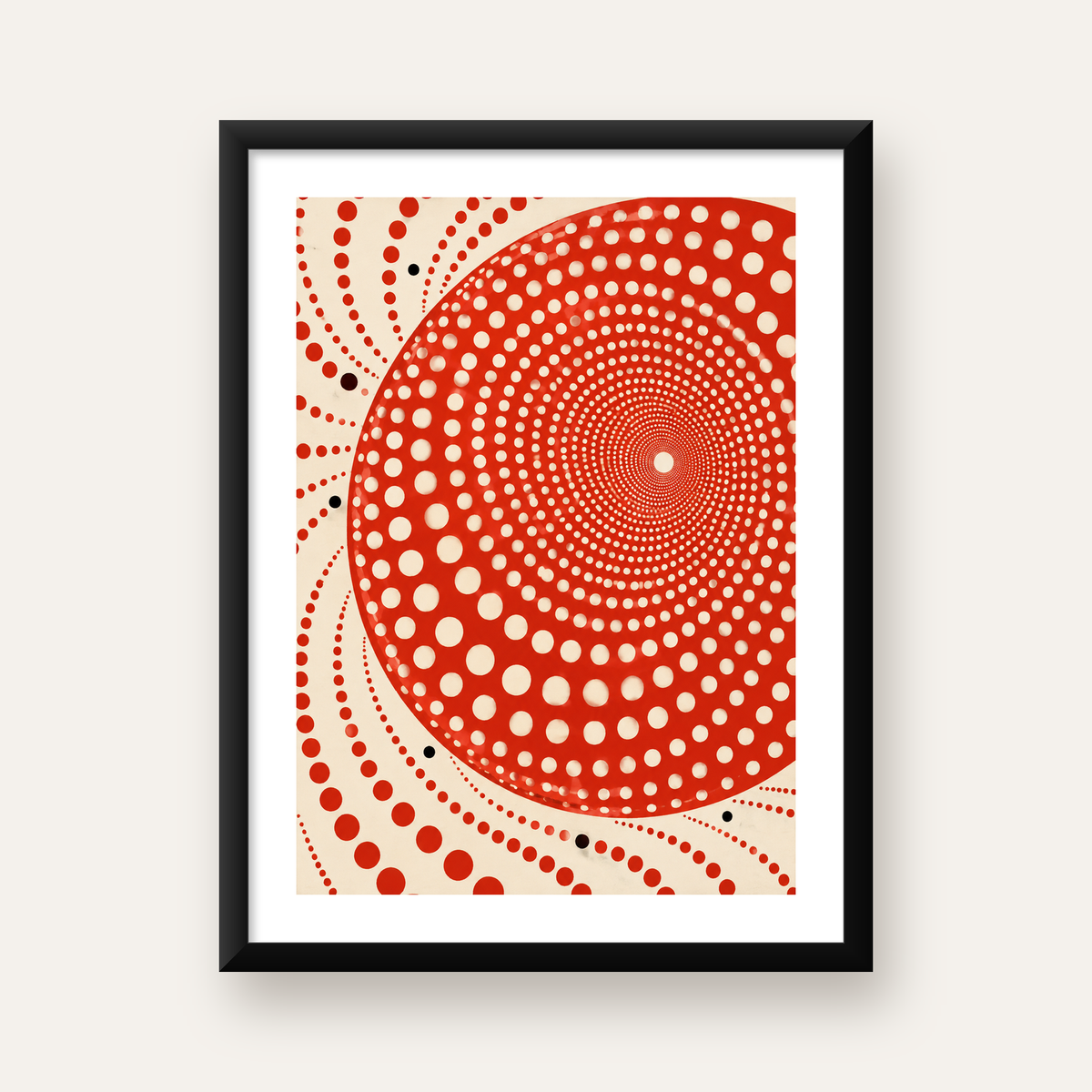Kırmızı Nokta Desenli Soyut Spiral Poster – Modern Duvar Sanatı — Dikey baskı, beyaz paspartulu