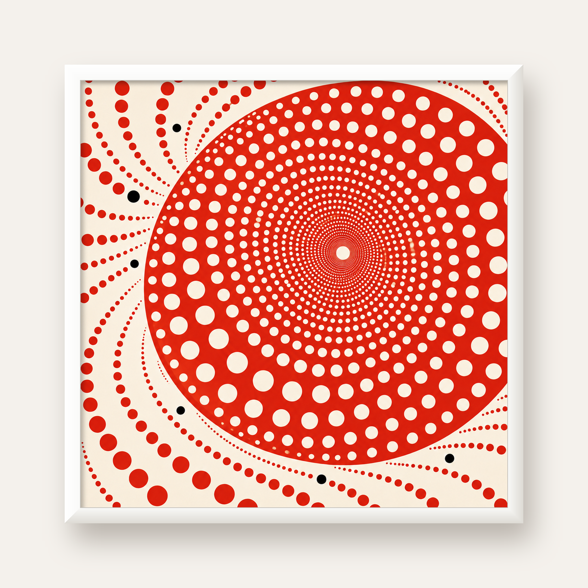 Kırmızı Nokta Desenli Soyut Spiral Poster – Modern Duvar Sanatı — beyaz çerçeveli kare poster
