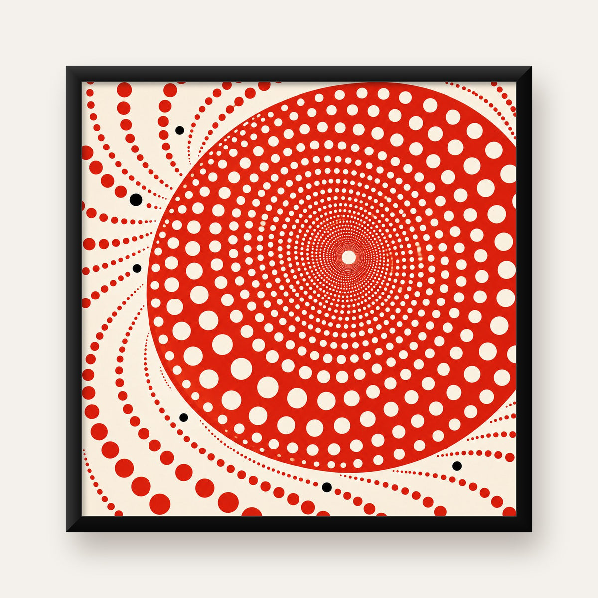 Kırmızı Nokta Desenli Soyut Spiral Poster – Modern Duvar Sanatı — Kare baskı, düz siyah çerçeveli duvar posteri
