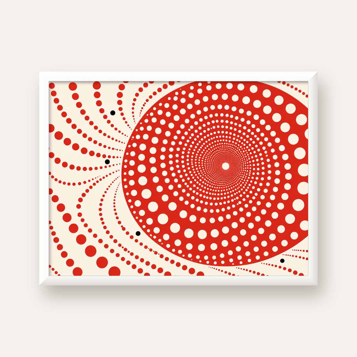 Kırmızı Nokta Desenli Soyut Spiral Poster – Modern Duvar Sanatı — beyaz çerçeveli yatay poster