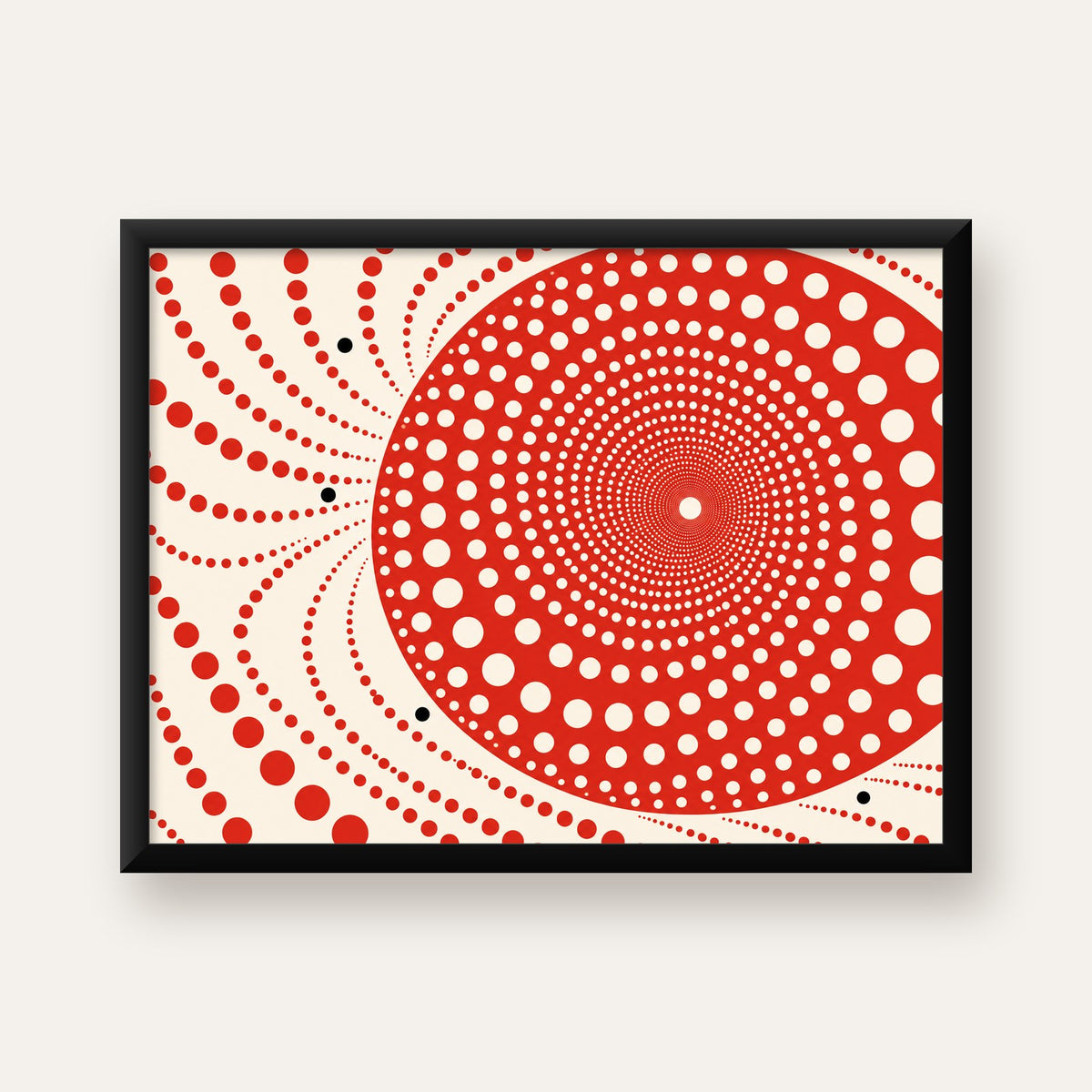 Kırmızı Nokta Desenli Soyut Spiral Poster – Modern Duvar Sanatı — Yatay baskı, düz siyah çerçeveli duvar posteri