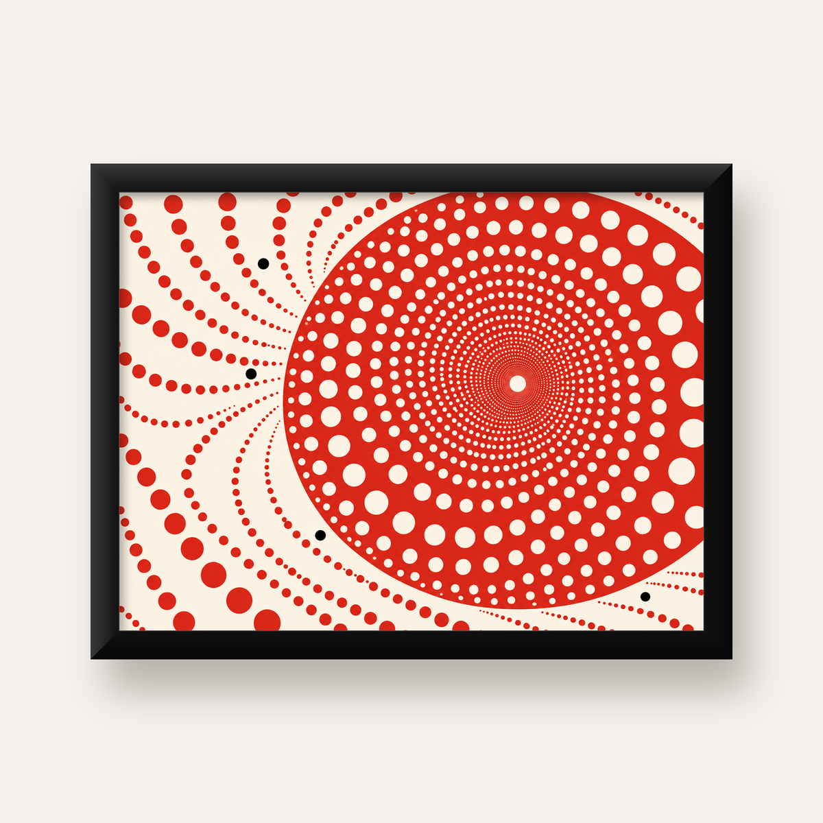 Kırmızı Nokta Desenli Soyut Spiral Poster – Modern Duvar Sanatı — Yatay baskı, düz siyah çerçeveli duvar posteri