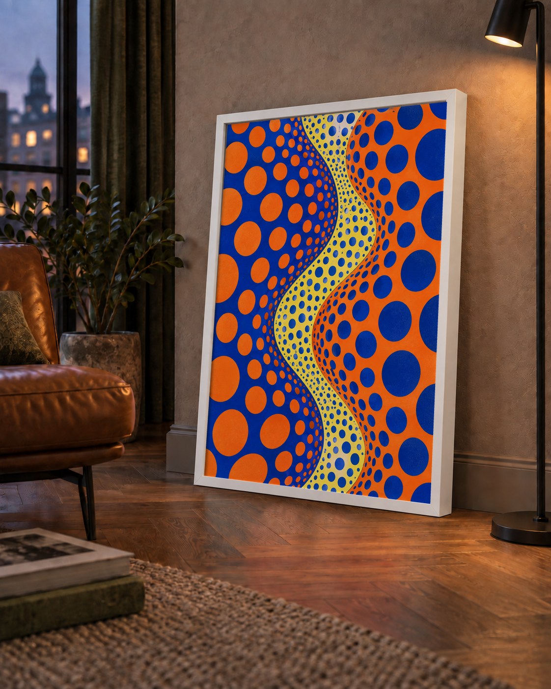 Optik İllüzyon Daire Desenli Modern Poster - Renkli Dalga — çerçeveli hâliyle bir ev duvarında