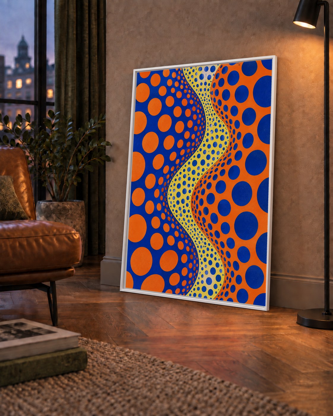 Optik İllüzyon Daire Desenli Modern Poster - Renkli Dalga — çerçeveli hâliyle bir ev duvarında