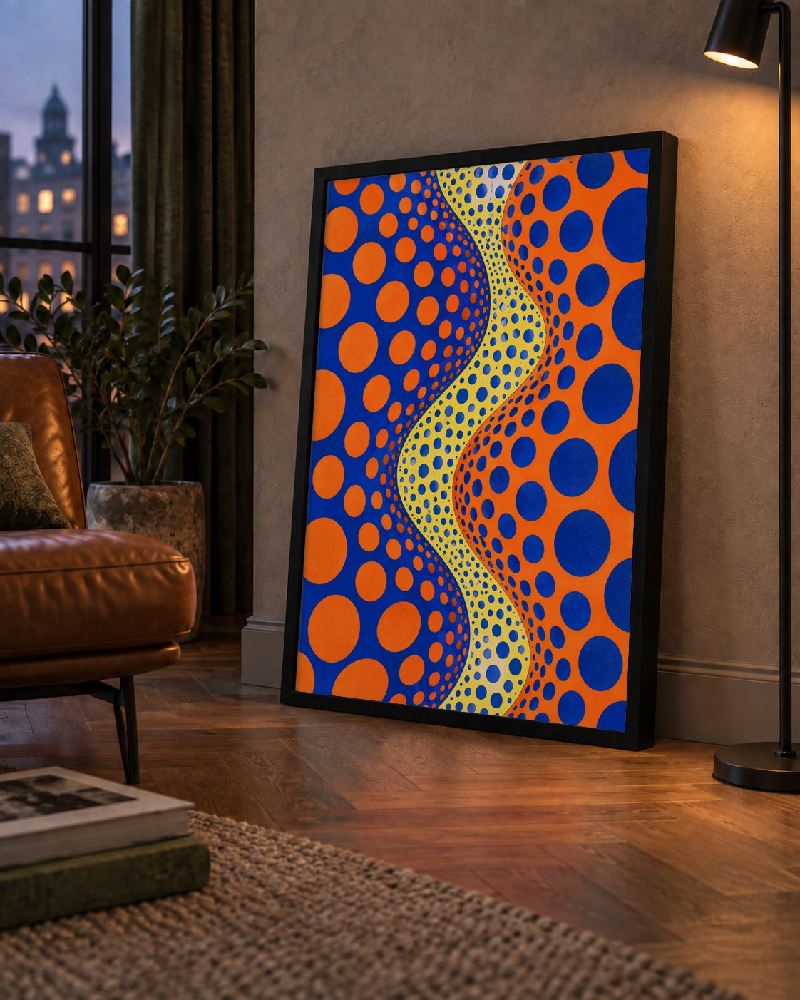Optik İllüzyon Daire Desenli Modern Poster - Renkli Dalga — çerçeveli hâliyle bir ev duvarında