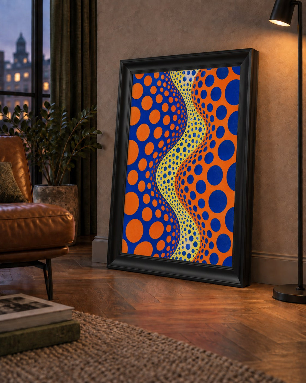 Optik İllüzyon Daire Desenli Modern Poster - Renkli Dalga — çerçeveli hâliyle bir ev duvarında