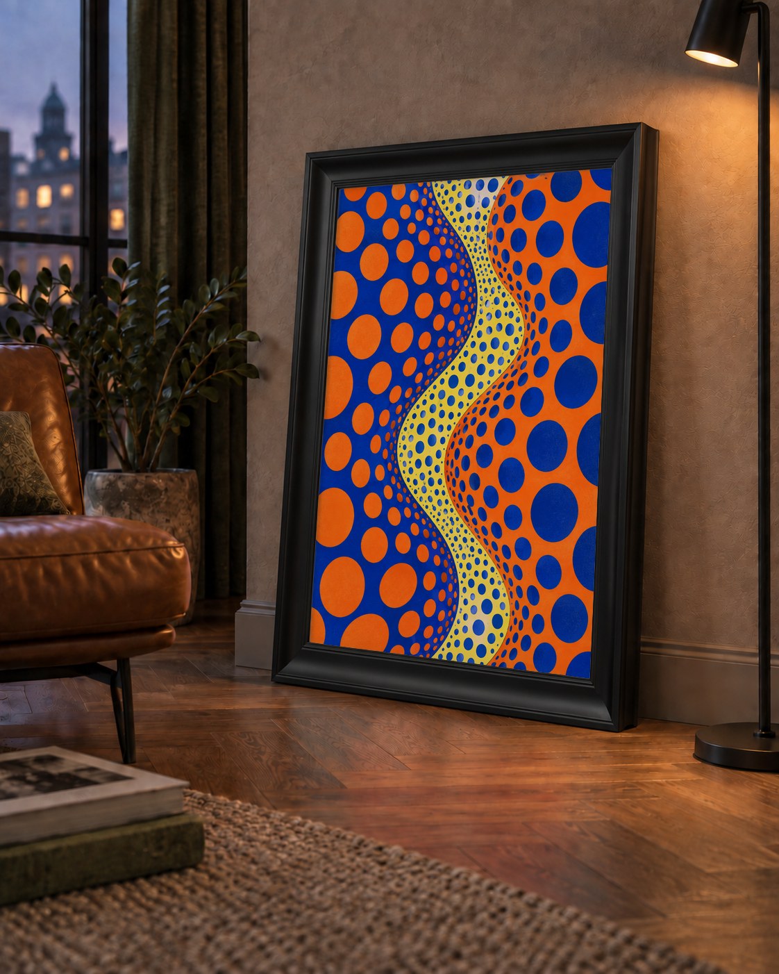 Optik İllüzyon Daire Desenli Modern Poster - Renkli Dalga — çerçeveli hâliyle bir ev duvarında