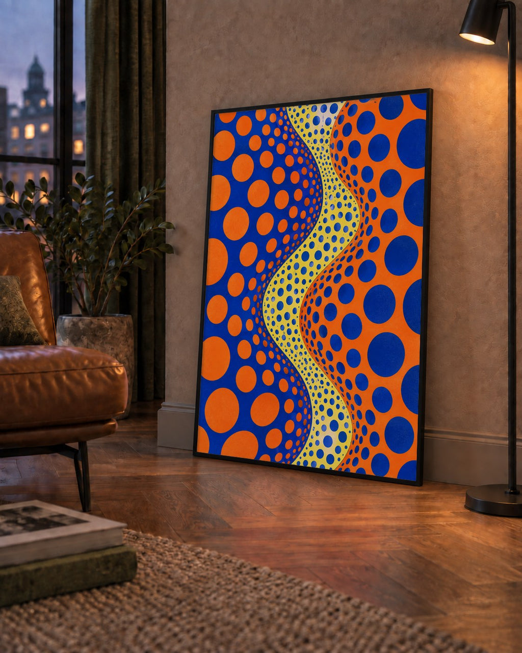 Optik İllüzyon Daire Desenli Modern Poster - Renkli Dalga — çerçeveli hâliyle bir ev duvarında