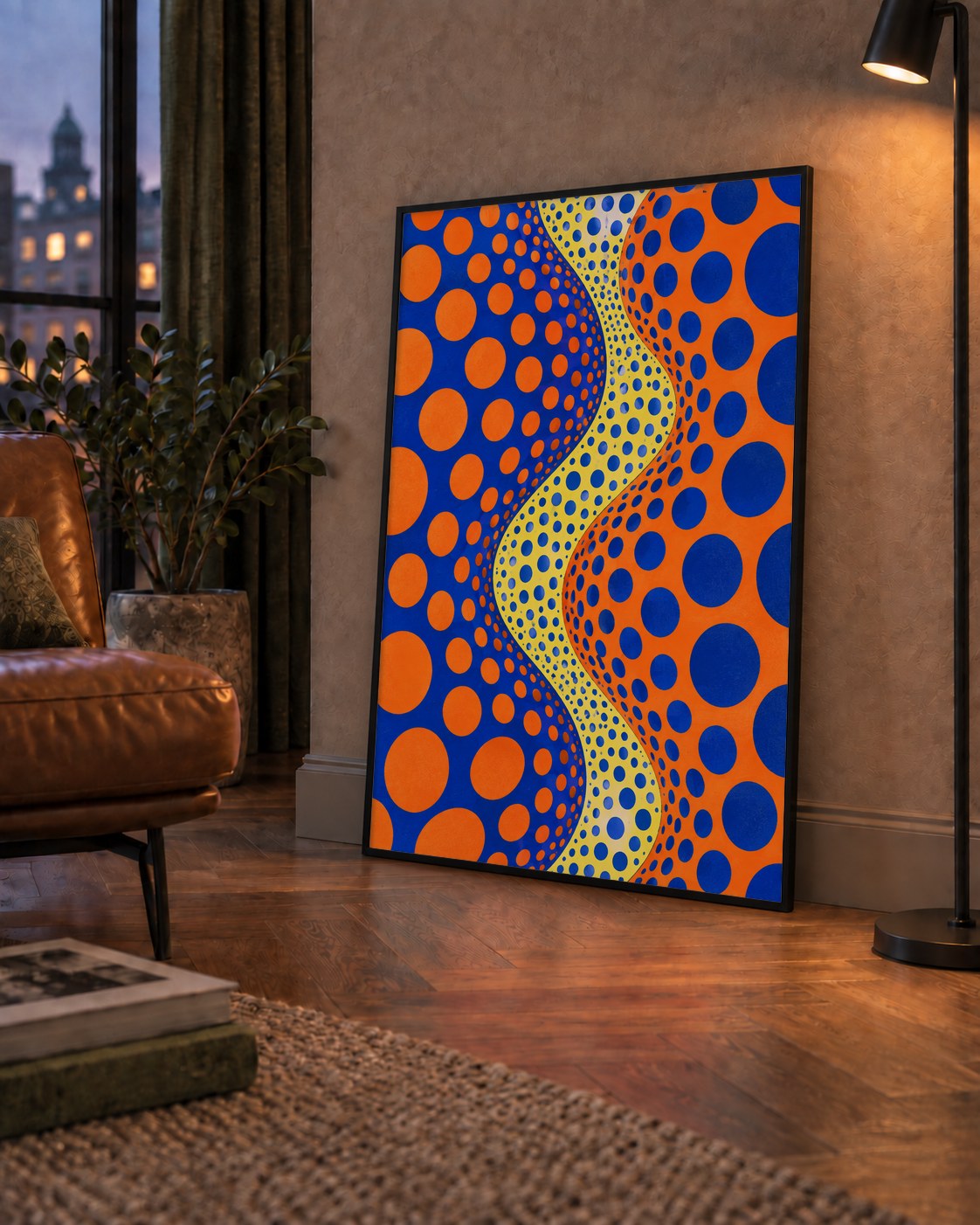 Optik İllüzyon Daire Desenli Modern Poster - Renkli Dalga — çerçeveli hâliyle bir ev duvarında