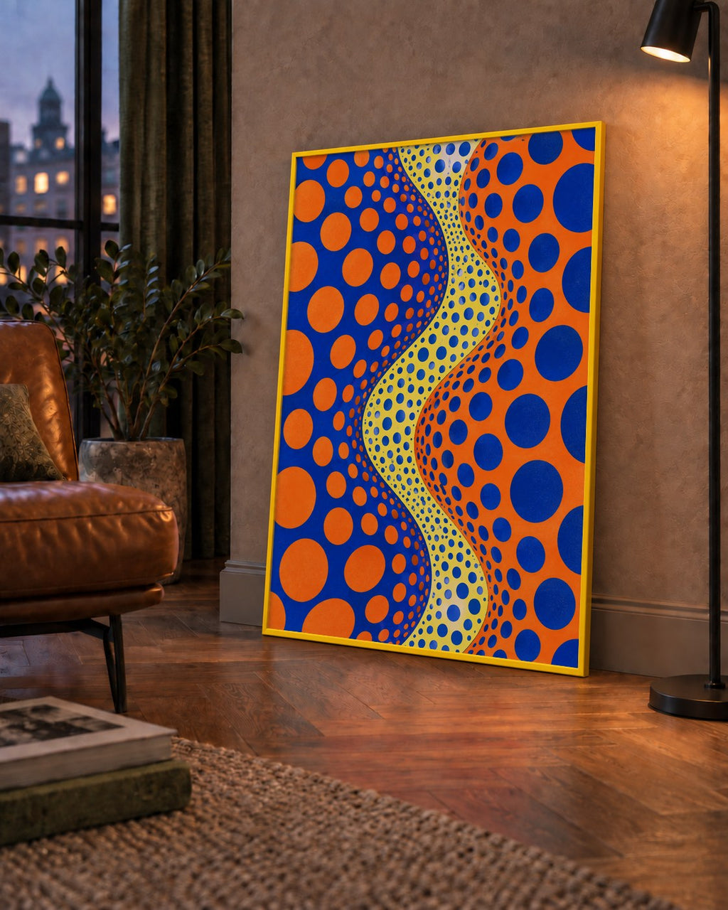 Optik İllüzyon Daire Desenli Modern Poster - Renkli Dalga — çerçeveli hâliyle bir ev duvarında
