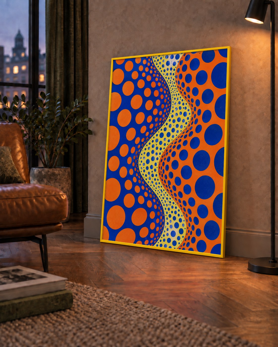 Optik İllüzyon Daire Desenli Modern Poster - Renkli Dalga — çerçeveli hâliyle bir ev duvarında