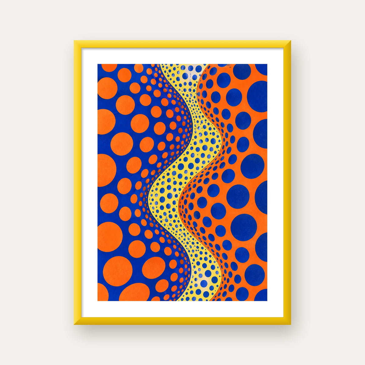 Optik İllüzyon Daire Desenli Modern Poster - Renkli Dalga — sarı çerçeveli paspartulu