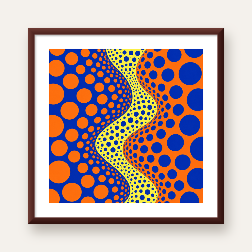 Optik İllüzyon Daire Desenli Modern Poster - Renkli Dalga — ceviz çerçeveli paspartulu