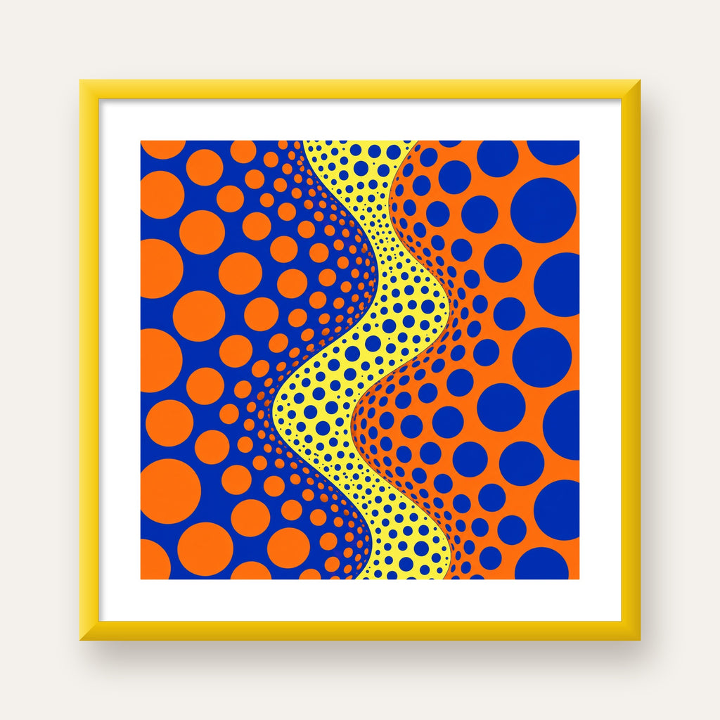 Optik İllüzyon Daire Desenli Modern Poster - Renkli Dalga — sarı çerçeveli paspartulu
