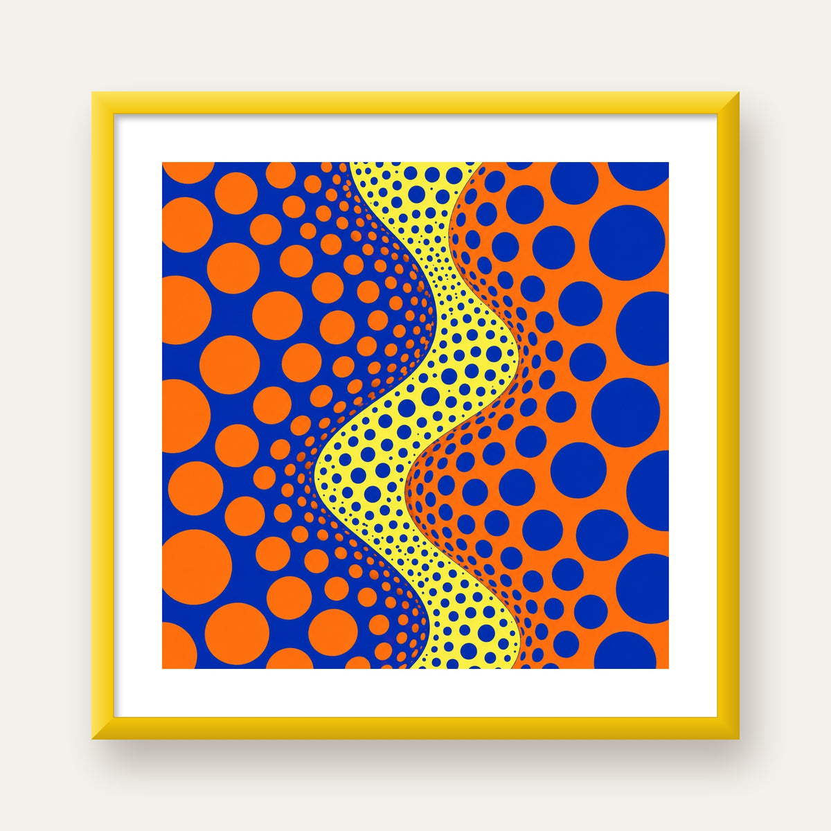 Optik İllüzyon Daire Desenli Modern Poster - Renkli Dalga — sarı çerçeveli paspartulu