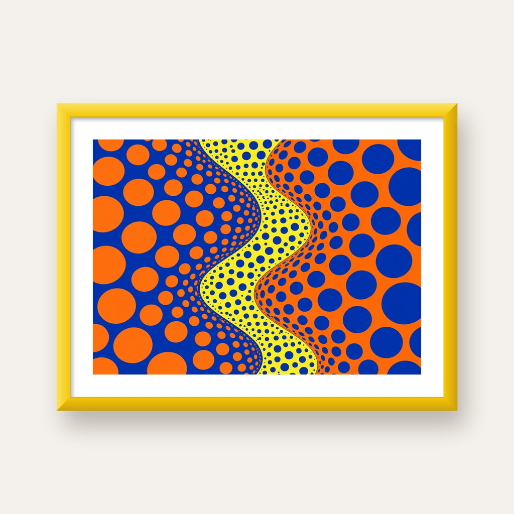 Optik İllüzyon Daire Desenli Modern Poster - Renkli Dalga — sarı çerçeveli paspartulu