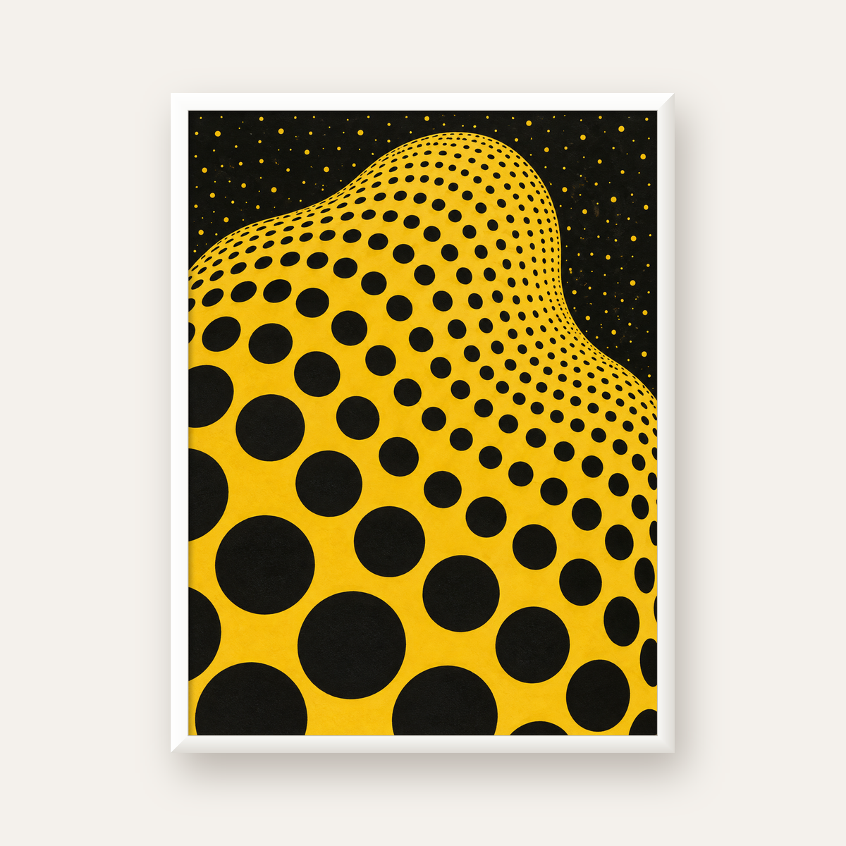 Sarı Siyah Noktalı Dalgalı Op-Art Soyut Poster — beyaz çerçeveli dikey poster