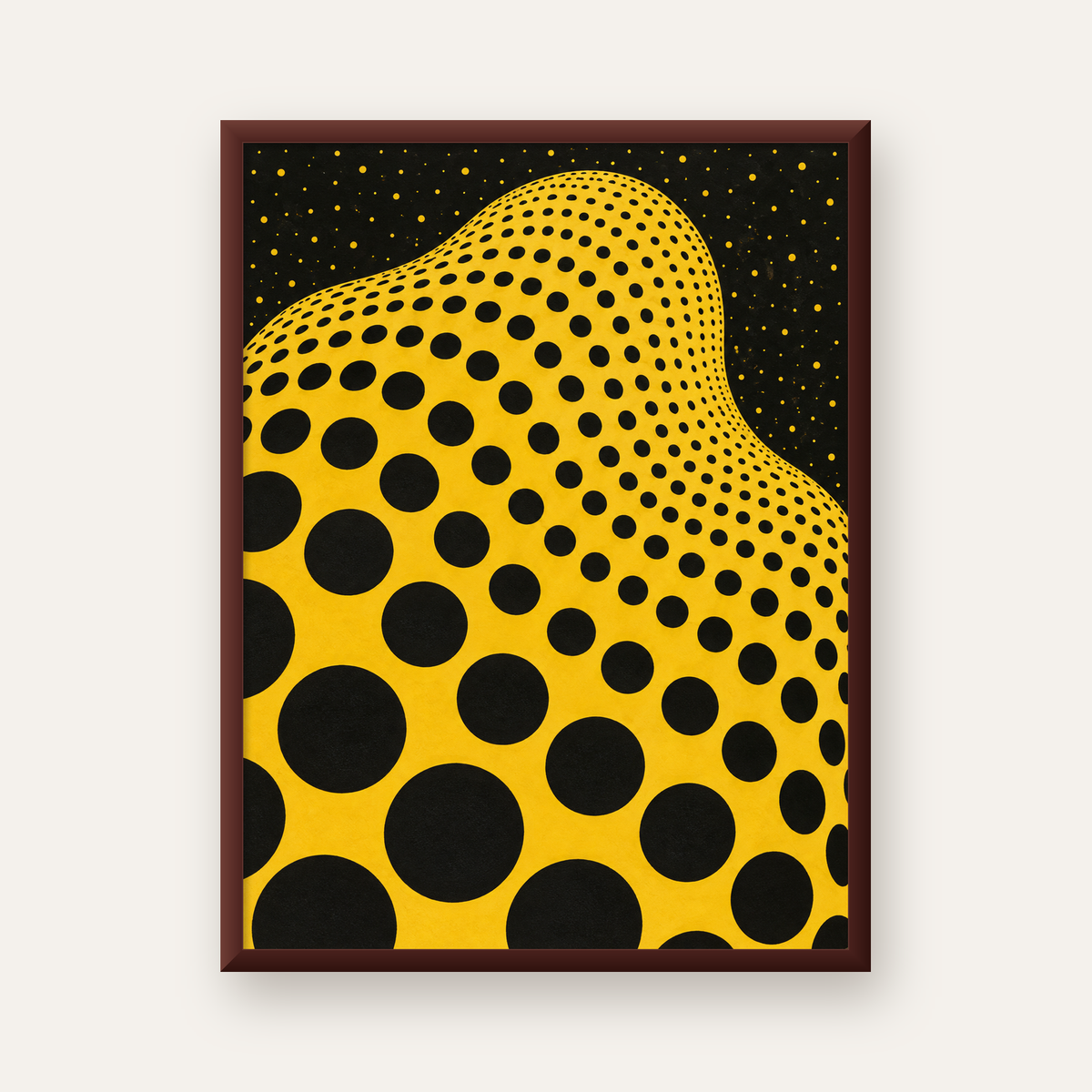 Sarı Siyah Noktalı Dalgalı Op-Art Soyut Poster — ceviz çerçeveli