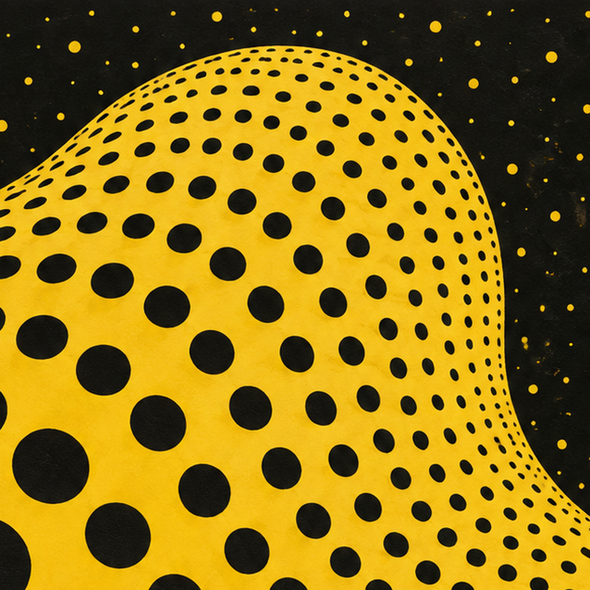 Sarı Siyah Noktalı Dalgalı Op-Art Soyut Poster — baskının yakın çekimi, kâğıt dokusu ve renk detayı