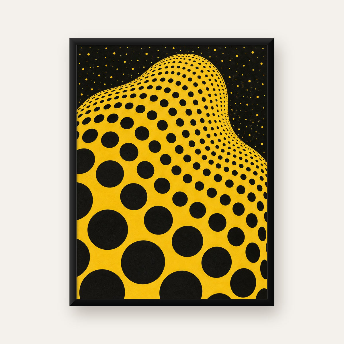 Sarı Siyah Noktalı Dalgalı Op-Art Soyut Poster — Dikey baskı, düz siyah çerçeveli duvar posteri