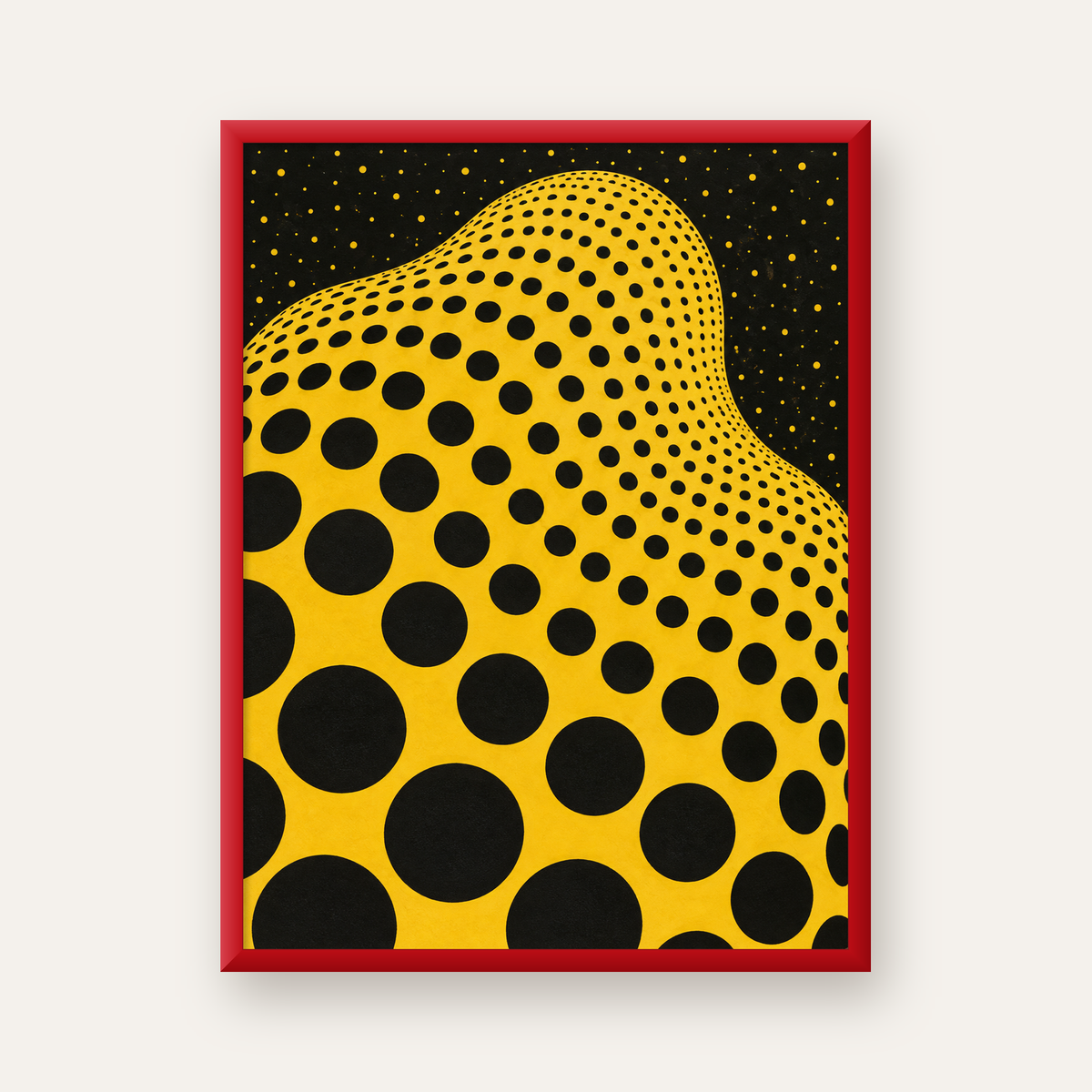 Sarı Siyah Noktalı Dalgalı Op-Art Soyut Poster — kırmızı çerçeveli
