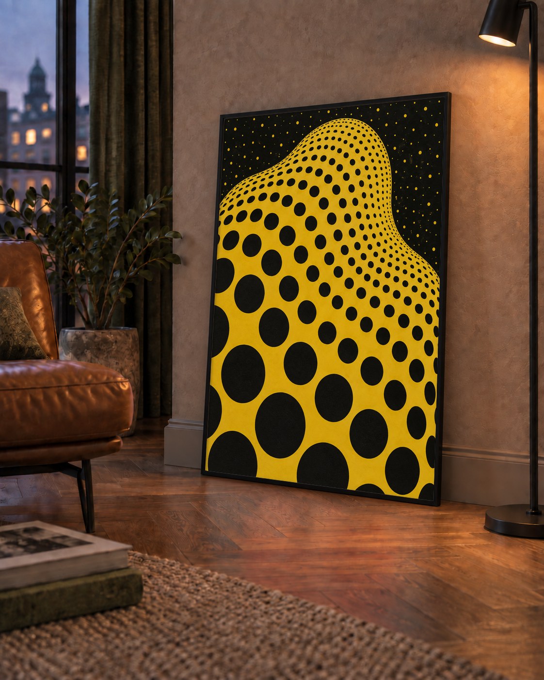 Sarı Siyah Noktalı Dalgalı Op-Art Soyut Poster — çerçeveli hâliyle bir ev duvarında