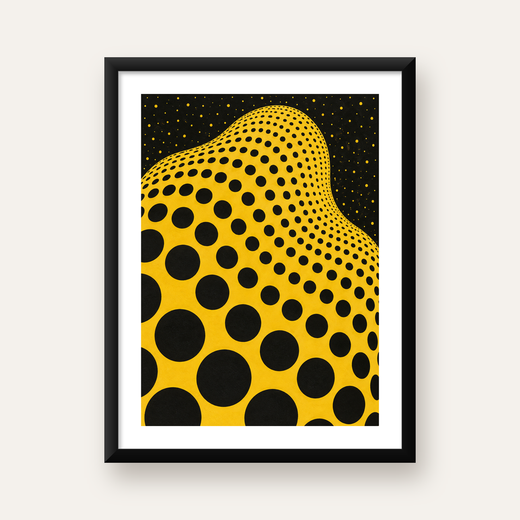 Sarı Siyah Noktalı Dalgalı Op-Art Soyut Poster — Dikey baskı, beyaz paspartulu