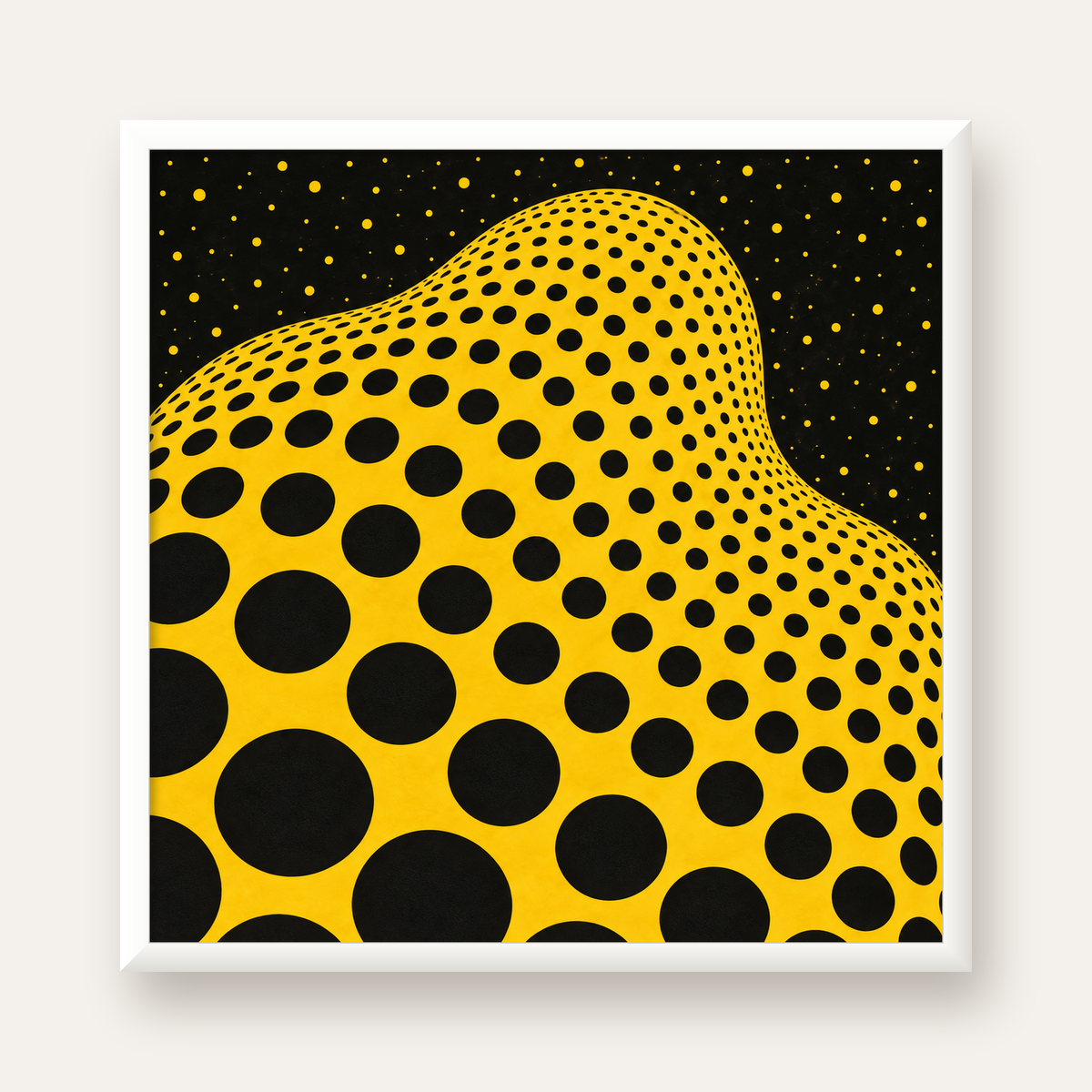 Sarı Siyah Noktalı Dalgalı Op-Art Soyut Poster — beyaz çerçeveli kare poster