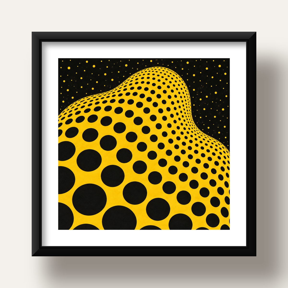 Sarı Siyah Noktalı Dalgalı Op-Art Soyut Poster — siyah derin çerçeveli paspartulu