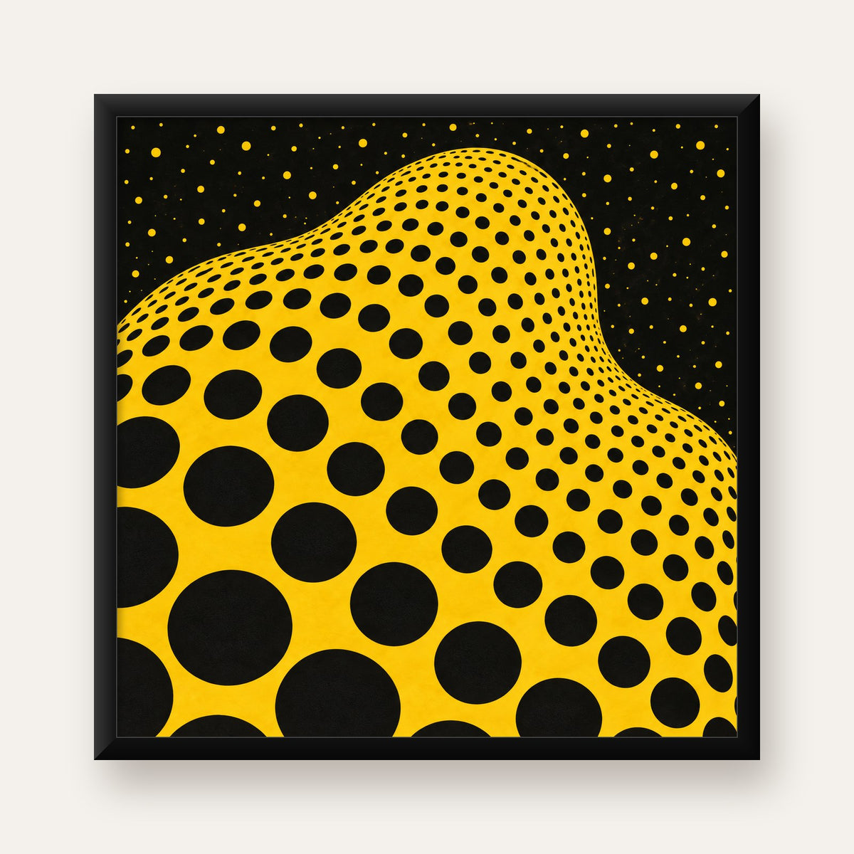 Sarı Siyah Noktalı Dalgalı Op-Art Soyut Poster — Kare baskı, düz siyah çerçeveli duvar posteri