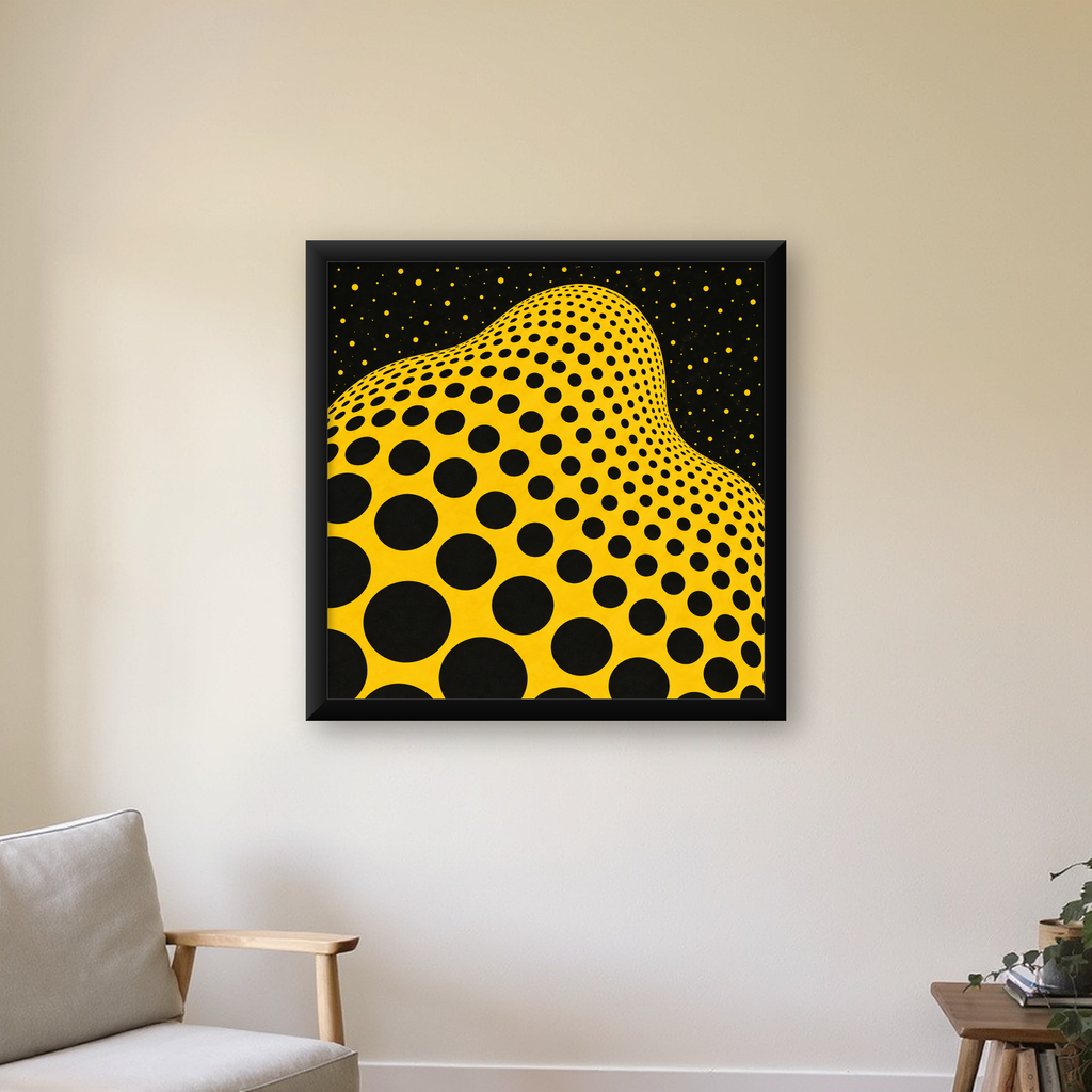 Sarı Siyah Noktalı Dalgalı Op-Art Soyut Poster — Kare baskı, çerçeveli hâliyle bir ev duvarında
